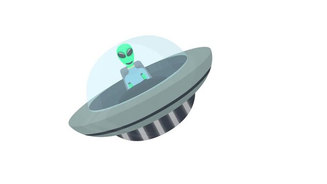 Alien in a UFO. Animation of a spaceship flight, alpha channel enabled. Cartoon