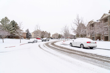 Frosty neighborhood on a winter setting with road along houses and yards
