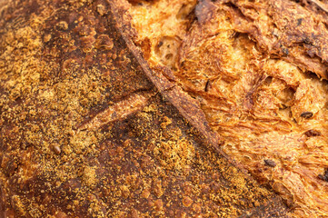 Texture of bread baked from rye flour. Close up.
