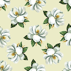Seamless pattern with watercolor flowers magnolia, repeat floral texture, background hand drawing. Perfectly for wrapping paper, wallpaper, fabric and other printing.