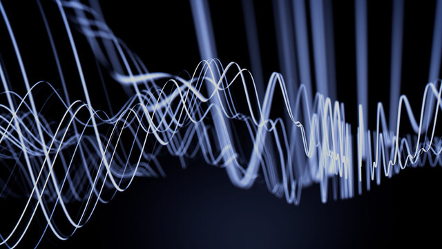 Sound Wave Vizualisation concept. Music audio frequencies represented as High Tech Futuristic Flow line Waves. Abstract background. 3D render
