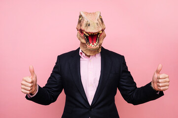 Man with euphoric lizard head and fingers up