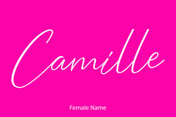 Camille Woman's Name. Typescript Handwritten Lettering Calligraphy Text on Pink Background