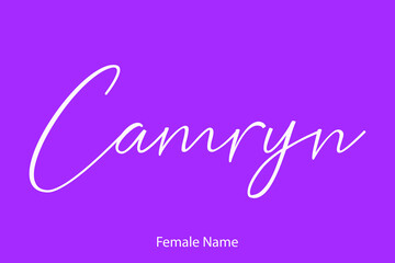 Camryn Woman's Name. Typescript Handwritten Lettering Calligraphy Text on Purple Background