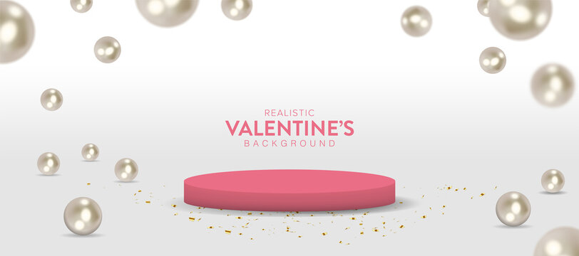 Realistic valentines day. Romantic Premium Vector background with red podium and pearls falling from above. 