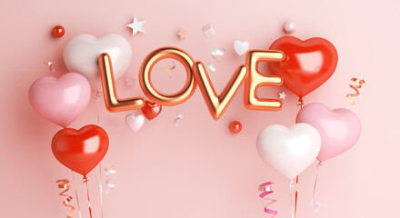 Happy valentines day decoration with heart shape gift box, love text balloon with copy space, 3D rendering illustration