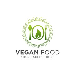 Organic healthy food - vector logo template concept illustration in flat style. Spoon, fork, plate and green leaf minimal creative sign. Graphic design element.