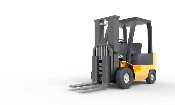 Yellow forklift with empty fork parking on white background. Transportation and Industrial concept. Shipment and delivery storage. Copy space. 3D illustration rendering