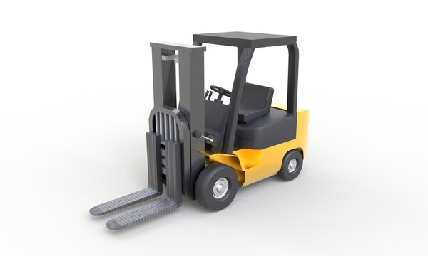 Yellow forklift with empty fork parking on white background. Transportation and Industrial concept. Shipment and delivery storage. 3D illustration rendering