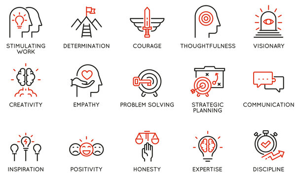 Vector Set of Linear Icons Related to Leadership Traits, Qualities for Success. Development and Teamwork. Mono Line Pictograms and Infographics Design Elements - part 2