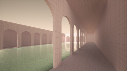 arch wall pink pool afternoon sunlighting 3d image sepia tone version