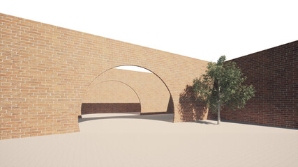 red brick arch wall baby pale pink flooring and tree daylighting 3d image 6