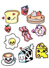 Cartoon food drawing, made with colored pencils and black marker
