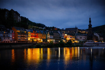 Cochem, Germany, beautiful historical town on romantic Moselle river, city view by night