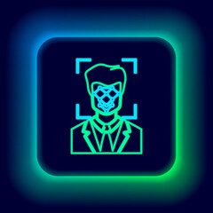 Glowing neon line Face recognition icon isolated on black background. Face identification scanner icon. Facial id. Cyber security concept. Colorful outline concept. Vector.