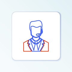 Line Man with a headset icon isolated on white background. Support operator in touch. Concept for call center, client support service. Colorful outline concept. Vector.