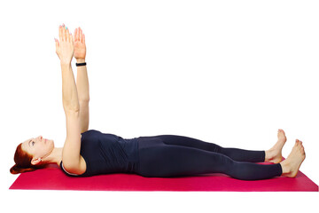 Pilates or yoga. A slim athletic girl is lying on the Mat with her arms outstretched. Starting position before performing exercises. Isolated on a white background