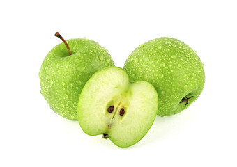 green apple with drop of water on white background.