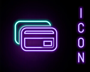 Obraz premium Glowing neon line Credit card icon isolated on black background. Online payment. Cash withdrawal. Financial operations. Shopping sign. Colorful outline concept. Vector.