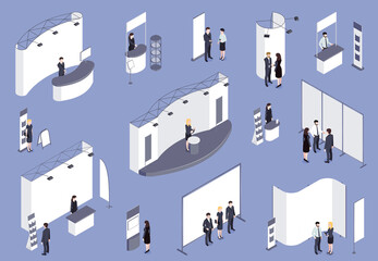 Expo Stand With People Isometric Set - obrazy, fototapety, plakaty