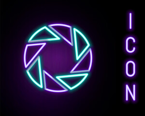 Glowing neon line Camera shutter icon isolated on black background. Colorful outline concept. Vector.