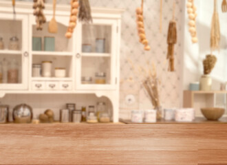 blank of wood top table at kitchen