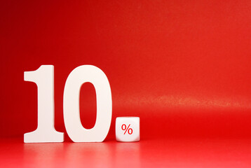 Ten ( 10 ) Percentage Isolated on Red Background with Copy Space , White object word - Sale , Discount 10% off Safe Price Business finance promotion Concept - Creative mockup