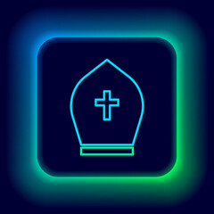 Glowing neon line Pope hat icon isolated on black background. Christian hat sign. Colorful outline concept. Vector.