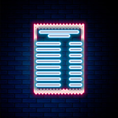 Glowing neon line Paper check and financial check icon isolated on brick wall background. Paper print check, shop receipt or bill. Colorful outline concept. Vector.