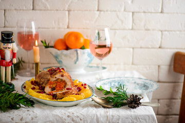 festive turkey roll with fruit on a festively laid table..style rustic.