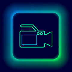 Glowing neon line Cinema camera icon isolated on black background. Video camera. Movie sign. Film projector. Colorful outline concept. Vector.