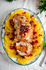 festive turkey roll with fruit on a festively laid table..style rustic.