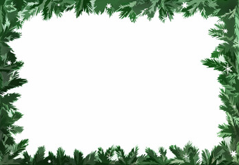 Frame on a white background in the form of Christmas tree branches with snowflakes