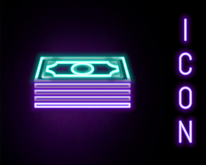 Glowing neon line Stacks paper money cash icon isolated on black background. Money banknotes stacks. Bill currency. Colorful outline concept. Vector.