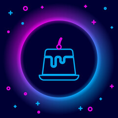 Glowing neon line Pudding custard with caramel glaze icon isolated on black background. Colorful outline concept. Vector.