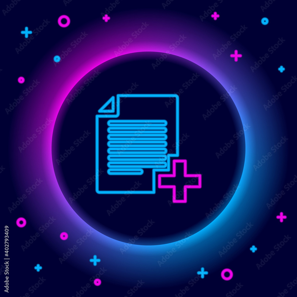 Poster glowing neon line add new file icon isolated on black background. copy document icon. colorful outli