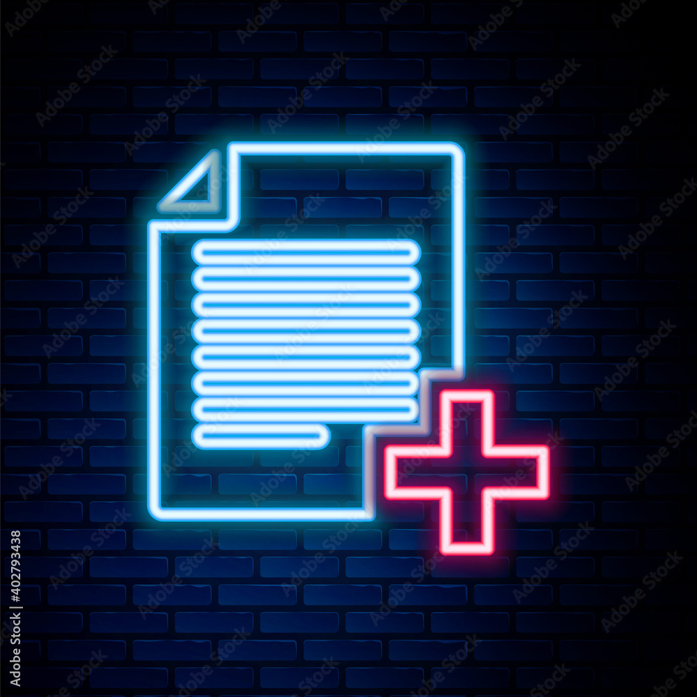 Poster Glowing neon line Add new file icon isolated on brick wall background. Copy document icon. Colorful outline concept. Vector.