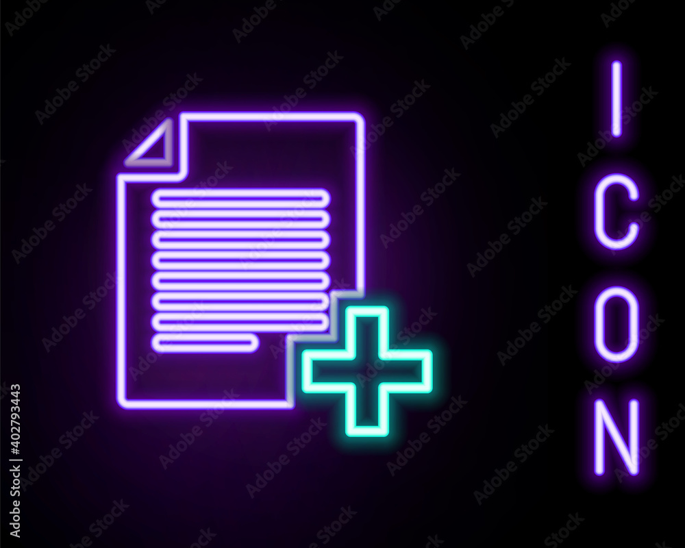 Poster glowing neon line add new file icon isolated on black background. copy document icon. colorful outli