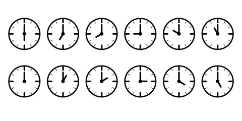 clock set. clock Icons with different times. black icon Isolated on white background. flat lined style design. vector illustration.