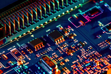 Electronic circuit board close up.