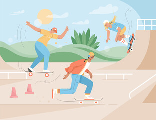 Sportive people riding skateboards at urban skate park