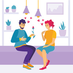 Man giving rose to his girlfriend. Happy Valentine s day. Adorable and happy couple in love on romantic date. Guy giving a rose flower to a girl. Couple enjoying romantic date. Colorful character