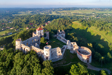 Obraz premium Ruins of medieval Tenczyn castle in Rudno near Krakow in Poland. Aerial view in sunrise light in summer