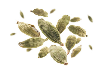 Cardamom pods levitate on a white background
