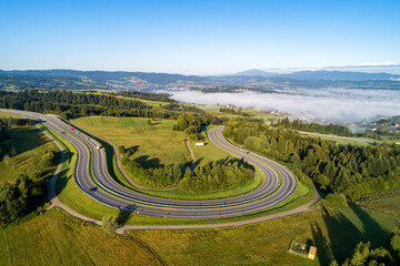 Poland. Winding switchback road from Krakow to Zakopane, called Zakopianka, near Rabka and...