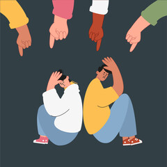 The girl and the guy sit with their backs to each other and are very sad. Psychological problems in adolescence. Adaptation and development of adolescents. Vector illustration