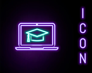 Fototapeta premium Glowing neon line Graduation cap on screen laptop icon isolated on black background. Online learning or e-learning concept. Colorful outline concept. Vector.