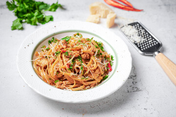 Sausage and chili whole grain linguine