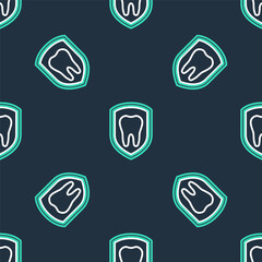 Line Dental protection icon isolated seamless pattern on black background. Tooth on shield logo icon. Vector.