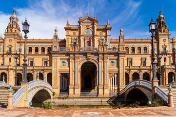 Front view of the main building in the Plaza de España in Seville (Andalusia, Spain). Most emblematic place in the city for its value and architectural beauty.
